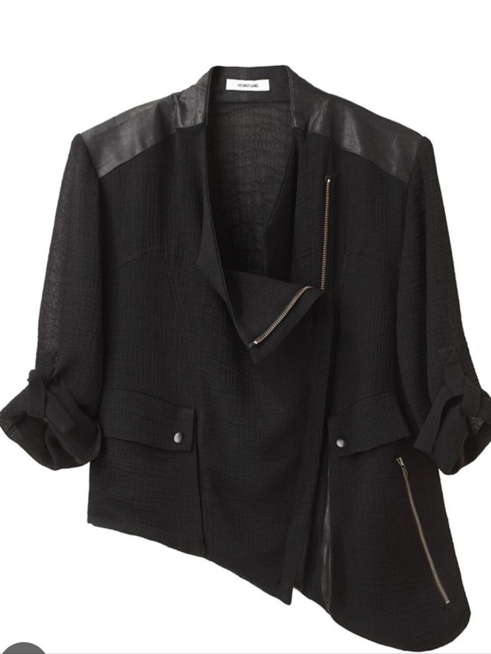 Helmut Lang Black Leather Detail Bias Drape Biker Jacket Petite P